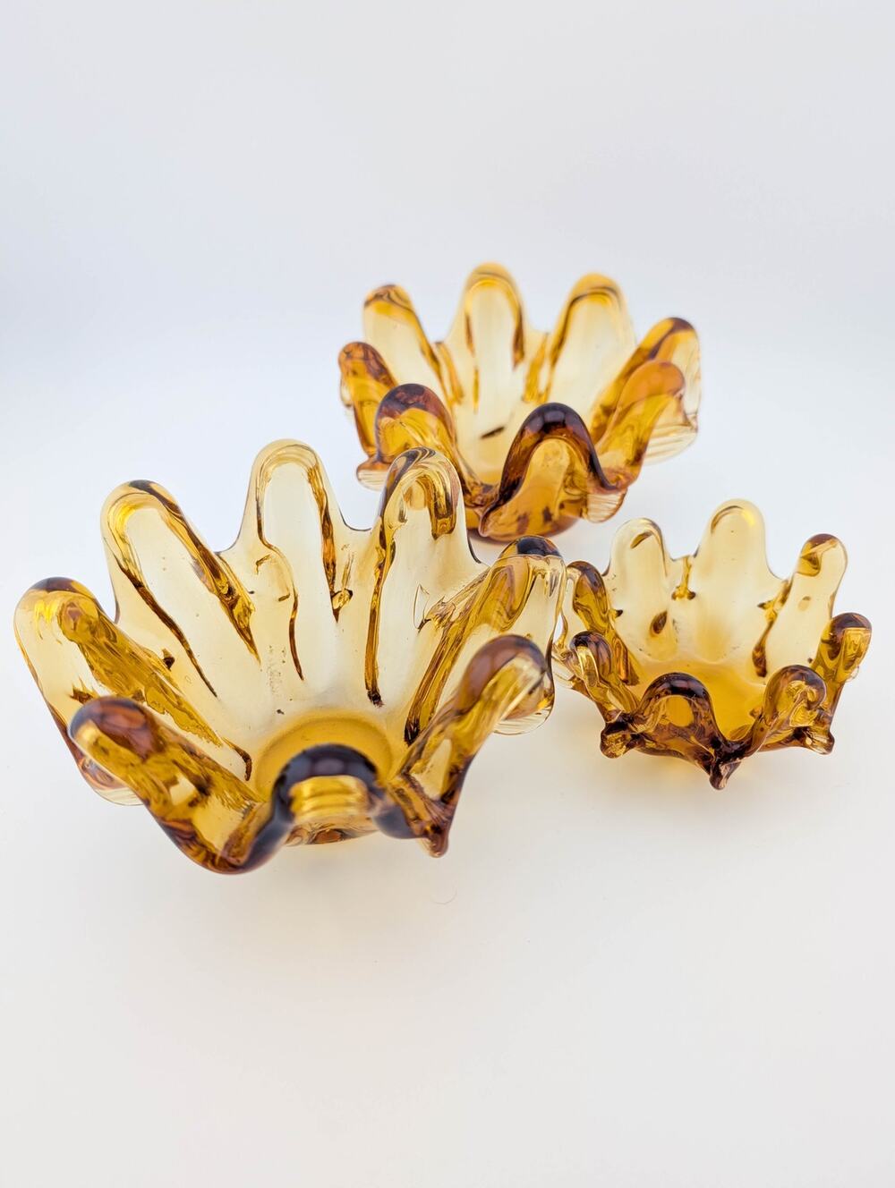 Set of 3 Vintage Murano Style Handmade Amber Glass Stackable Glass Bowls